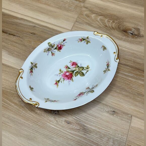 Vintage Floral Park Oval Serving Dish with Gold Accents - Picture 1 of 5
